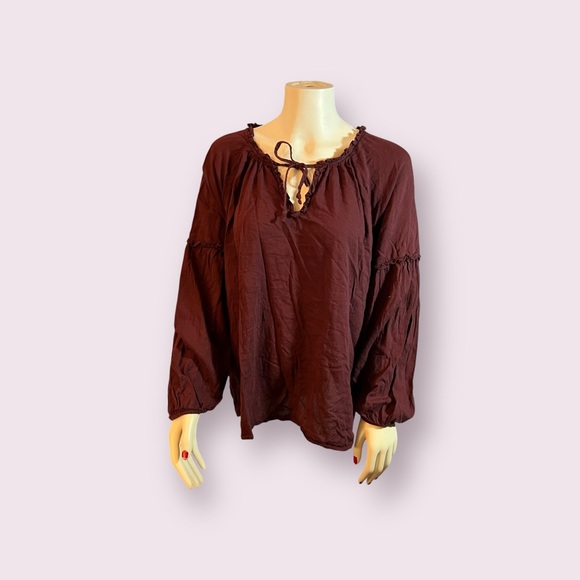 Old Navy Women’s Ruffled Long Sleeved Burgundy String Tie Blouse - Picture 2 of 11